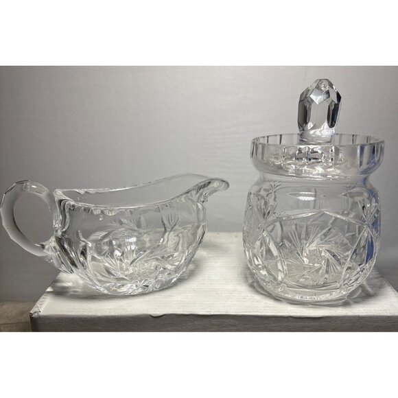 Vintage Cut Crystal Creamer Lidded Sugar Dish Pinwheel Starburst Stunning Heavy - Picture 1 of 16